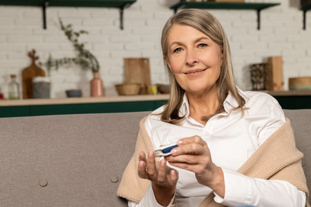 Mature blonde woman making home blood sugar test
