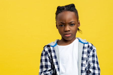 Boy in checkered shirt looking moody and frownedの写真素材