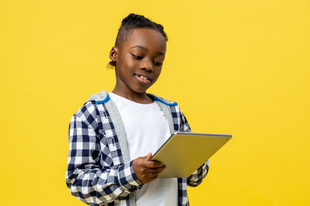 Dark-skinned boy of a school age with tablet in handsの写真素材