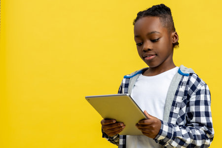 Dark-skinned boy of a school age with tablet in handsの写真素材