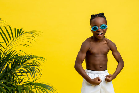 Dark-skinned boy on yellow background looking excited and contentedの写真素材
