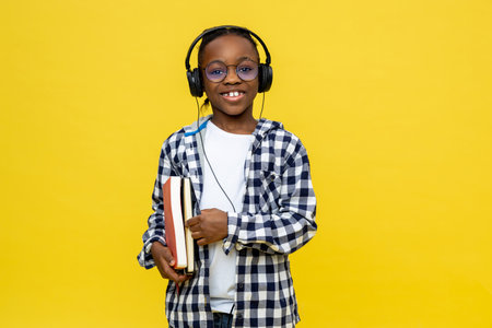 Cute dark-skinned boy with books in hands feeling positive