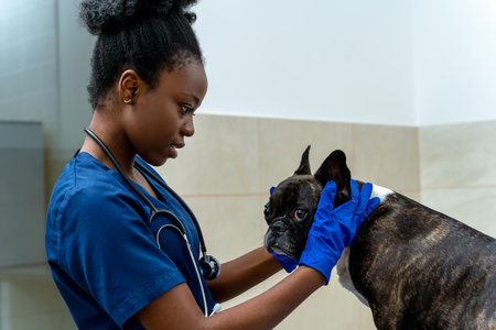 Dark-skinned smiling veterinarian holding dogs head and examining itの写真素材