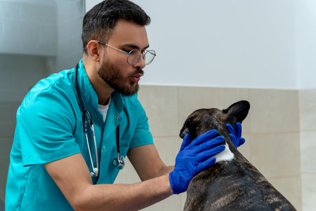Male veterinarian examining a dog and looking concentrated