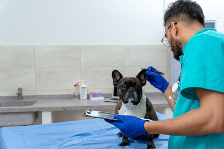 Male veterinarian examining dogs ears and looking involved