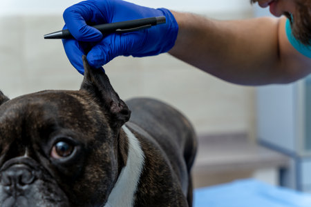 Close up of a dog being examined by the veterinarianの写真素材