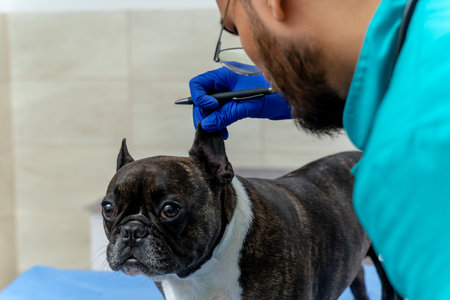 Close up of a dog being examined by the veterinarianの写真素材