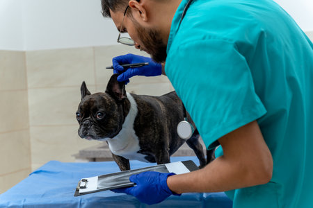 Veterinarian examining dogs ear and looking attentiveの写真素材