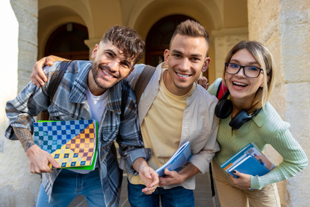 Joyful students with books standing in collage campusの写真素材