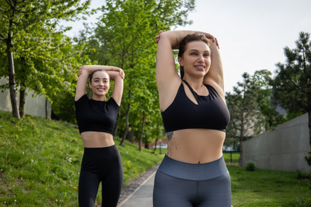 Woman with overweight warming up and exercising for dieting and health with her trainer in parkの写真素材