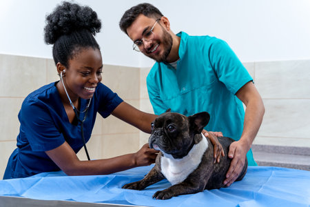 Dog being examined by veterinarians in a veterinary clinicの写真素材