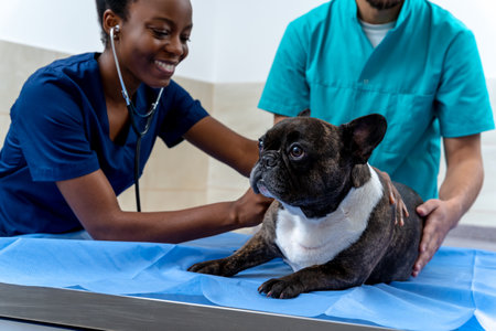 Dog being examined by veterinarians in a veterinary clinicの写真素材