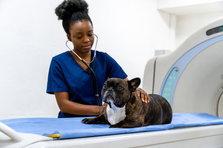 African american female veterinarian standing near the dog in the clinicの写真素材