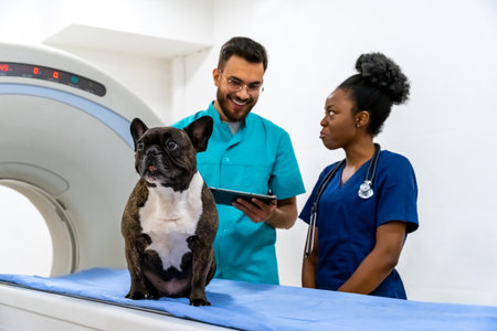 Two veterinarians discussing treatment for the sick dog and looking involvedの写真素材