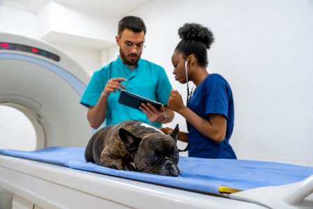 Veterinarians discussing the MRI results and looking concentratedの写真素材