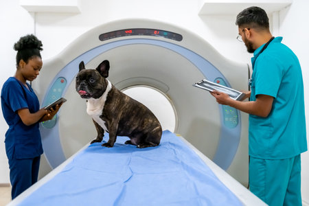 Veterinarians working in the clinic on MRI apparatus, the dog waiting for procedureの写真素材