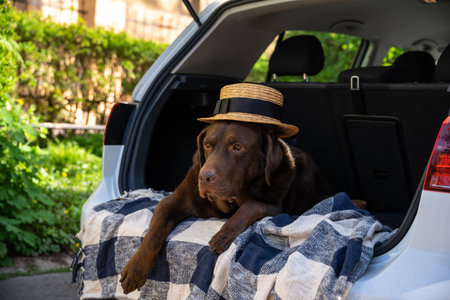Big cute dog lying in the car trunk and looking serious