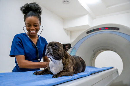 Dark-skinned veterinarian examining a dog before having MRI procedureの写真素材