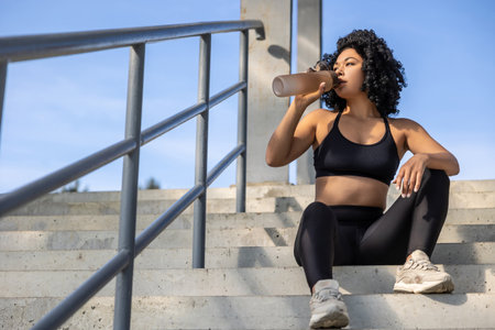 Female athlete drinking water after workout while sitting on the steps