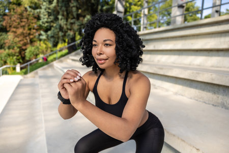 Fit woman in black sportswear exercising outdoors with a power band on her legs