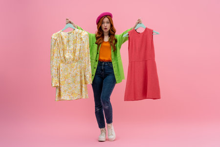 Pretty young woman in bright clothes choosing between two dresses