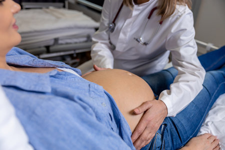 Doctor examining a pregnant woman on third trimesterの写真素材
