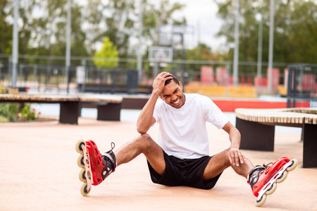 Young man learning riding the rollers and laughing while falling down
