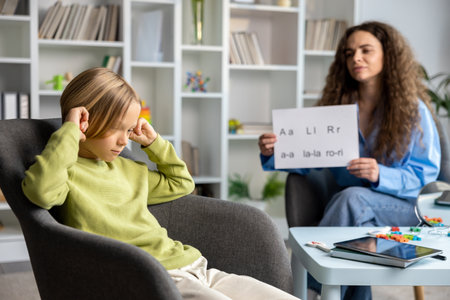 Long-haired young speech therapist working with a blonde boy and both looking involvedの写真素材