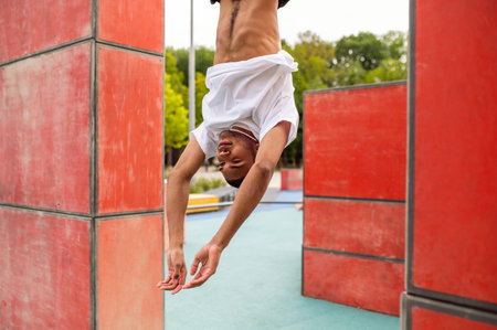 Young male sportsman hanging upside downの写真素材