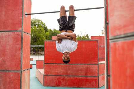 Young male sportsman hanging on the horizontal bar with his head down