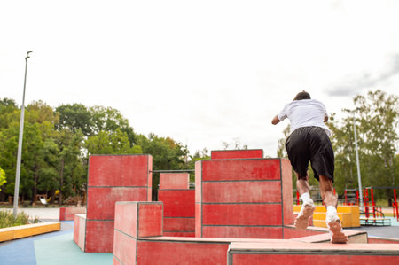 Young sportsman exercising at the sports playground and looking determinedの写真素材