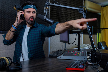 Professional musician with microphone broadcasting online radio live showの写真素材