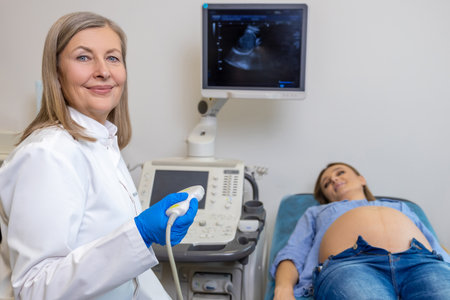 Pregnant woman lying on a couch in clinic while ultrasonographyの写真素材