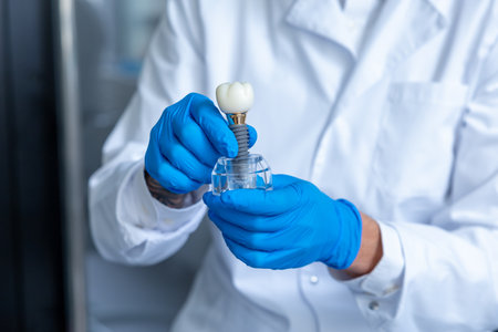 Unrecognizable doctor holding dental layout of upper veneers of teeth prothesisの写真素材