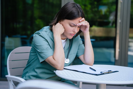 Female doctor sitting at the table and suffering from a headacheの写真素材