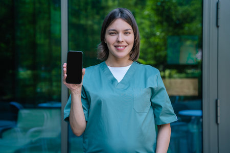 Waist up of a female doctor with a phone in handsの写真素材