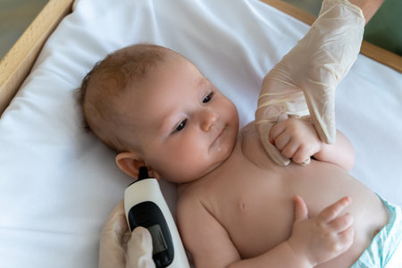 Female pediatrician with digital infrared thermometer measuring baby girl patients ear temperature