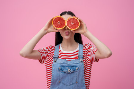 Cute smiling young woman holding slices of grapefruit in handsの写真素材