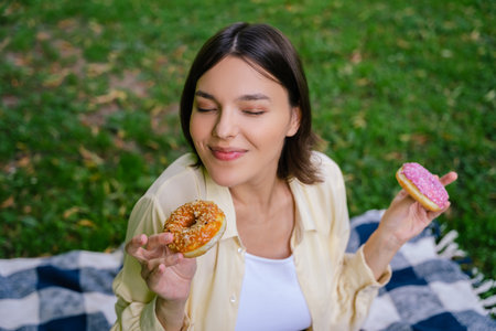 Dark-haired young pregnant woman holding donuts and looking anticipatedの写真素材