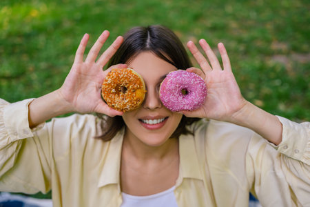 Pregnant young woman with donuts in hands feeling enjoyedの写真素材