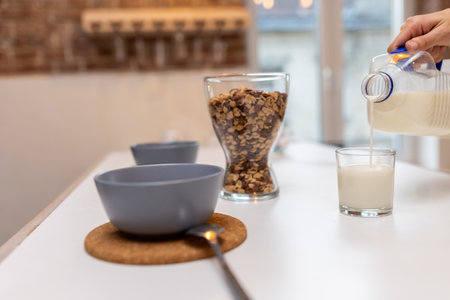 Close up of a table served for breakfastの写真素材