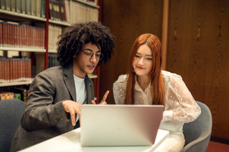 Two students discussing project while working together in the library