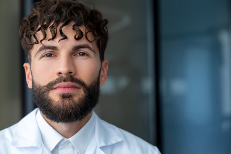 Man dentist with braces showing importance of dental care in orthodontics while smiling for the cameraの写真素材