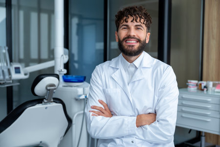 Bearded dentist man smiling while standing in dental clinicの写真素材