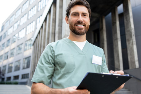 Male doctor writing prescription on clipboard outdoor of medical centerの写真素材