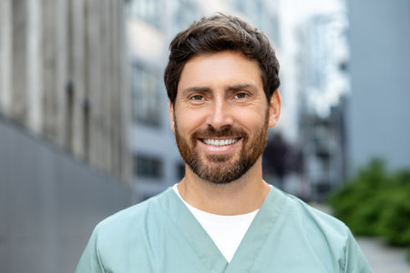 Smiling bearded man doctor in uniform standing outdoor medical centerの写真素材