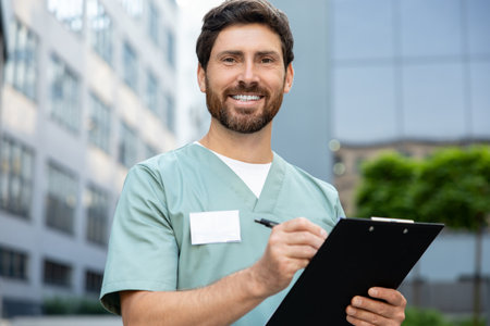 Bearded doctor in his lab coat holding clipboard filled with notes standing outdoors hospitalの写真素材