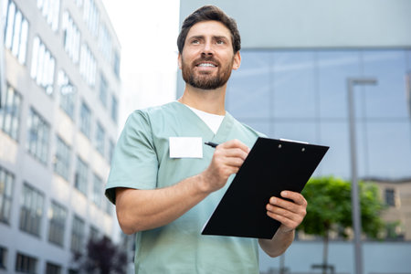 Man doctor with beard holding clipboard with medical documents posing near modern clinicの写真素材