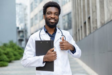 Joyful doctor holding clipboard showing like gesture standing outdoors hospital