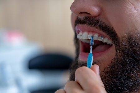 Man with crooked teeth and ceramic braces using dental brush to clean around braces